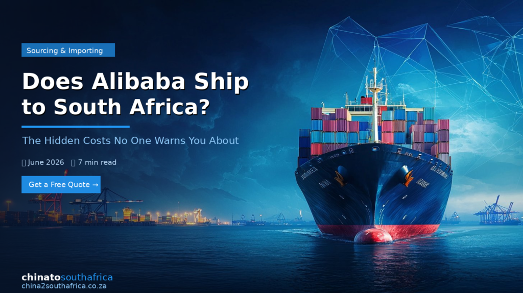 Does Alibaba ship to South Africa — cargo ship at sea with shipping containers at night, China to South Africa freight forwarding guide